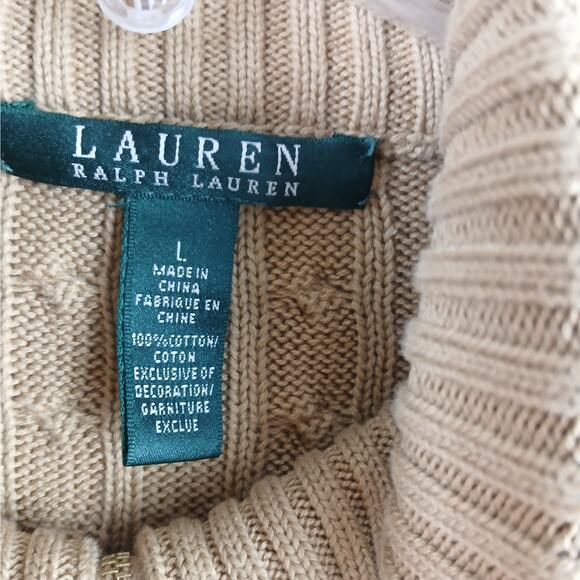Lauren Ralph Lauren VTG SZ L 100% Cotton Cable Knit Full Zip Sweater in Camel - Picture 4 of 4